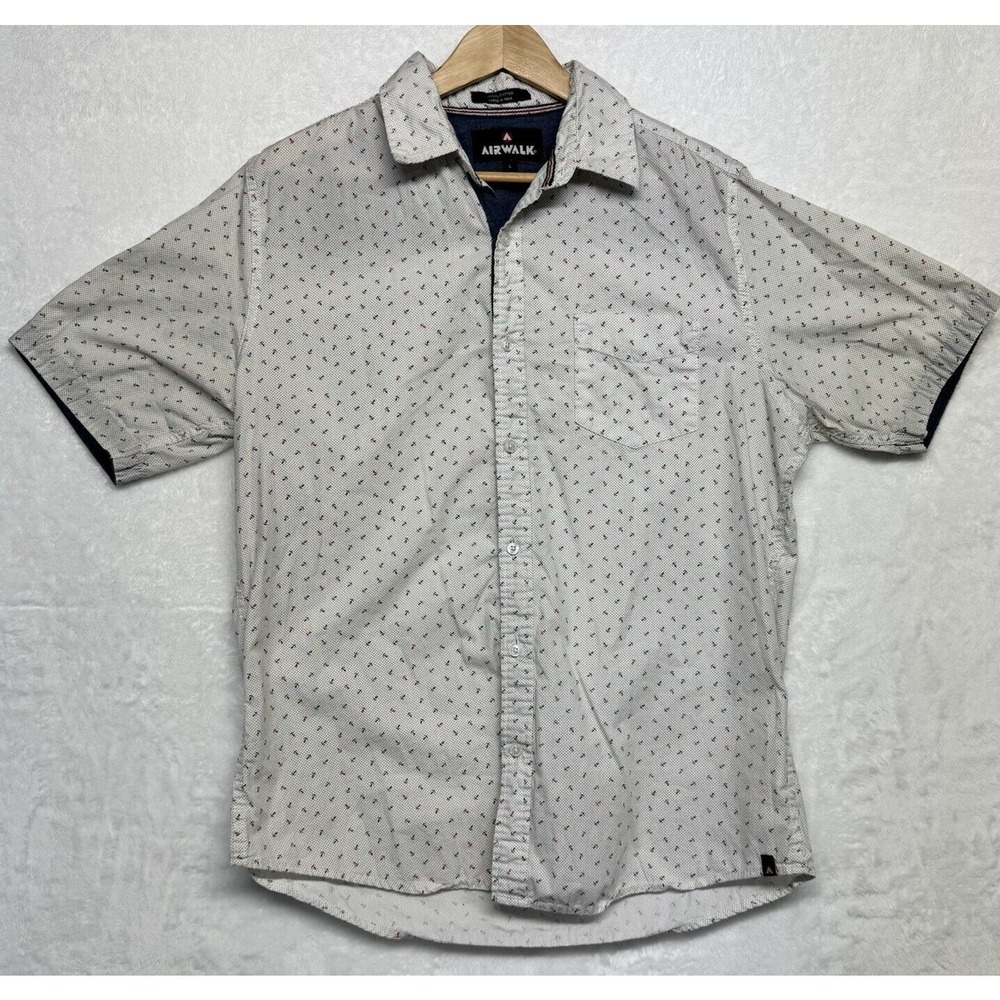 AIRWALK Men's Short Sleeve Button Down Shirt Sz L White w/Blue & Red Anchor